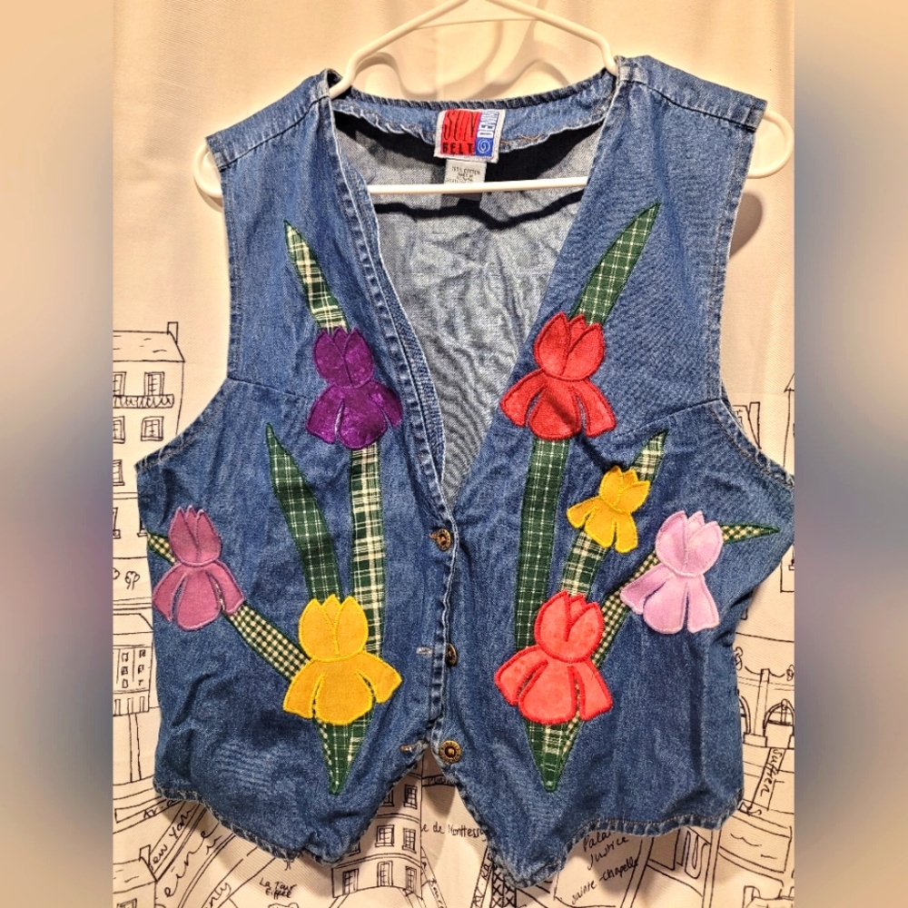 Vintage Sunbelt Denim Floral Applique Vest Large EUC